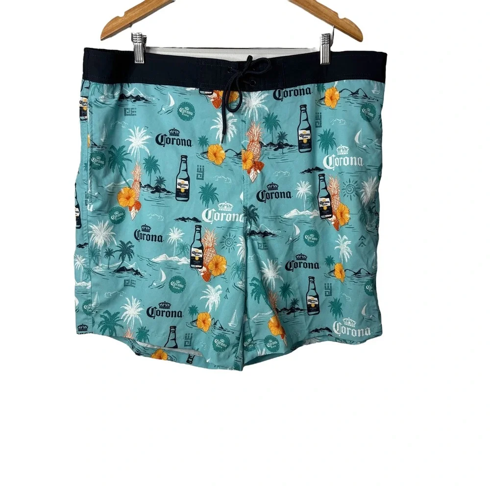 Corona Y2K Swim Trunks Aqua Palm Tree Pineapple Beer Shorts Men Size 2XL (44/46)